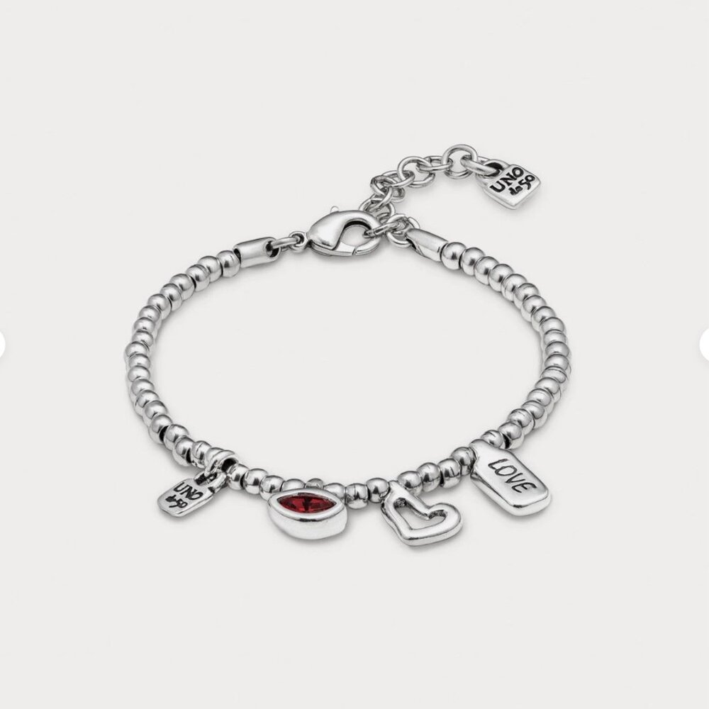 NWT UNO de 50 Silver Plated Dangle Bracelet Red Swarovski Crystal Heart Charms